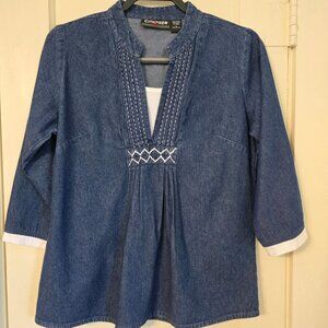 Citicraze L 100% Cotton Blue Jean Casual Long Sleeve V-Neck w/T-shirt inlet Top
